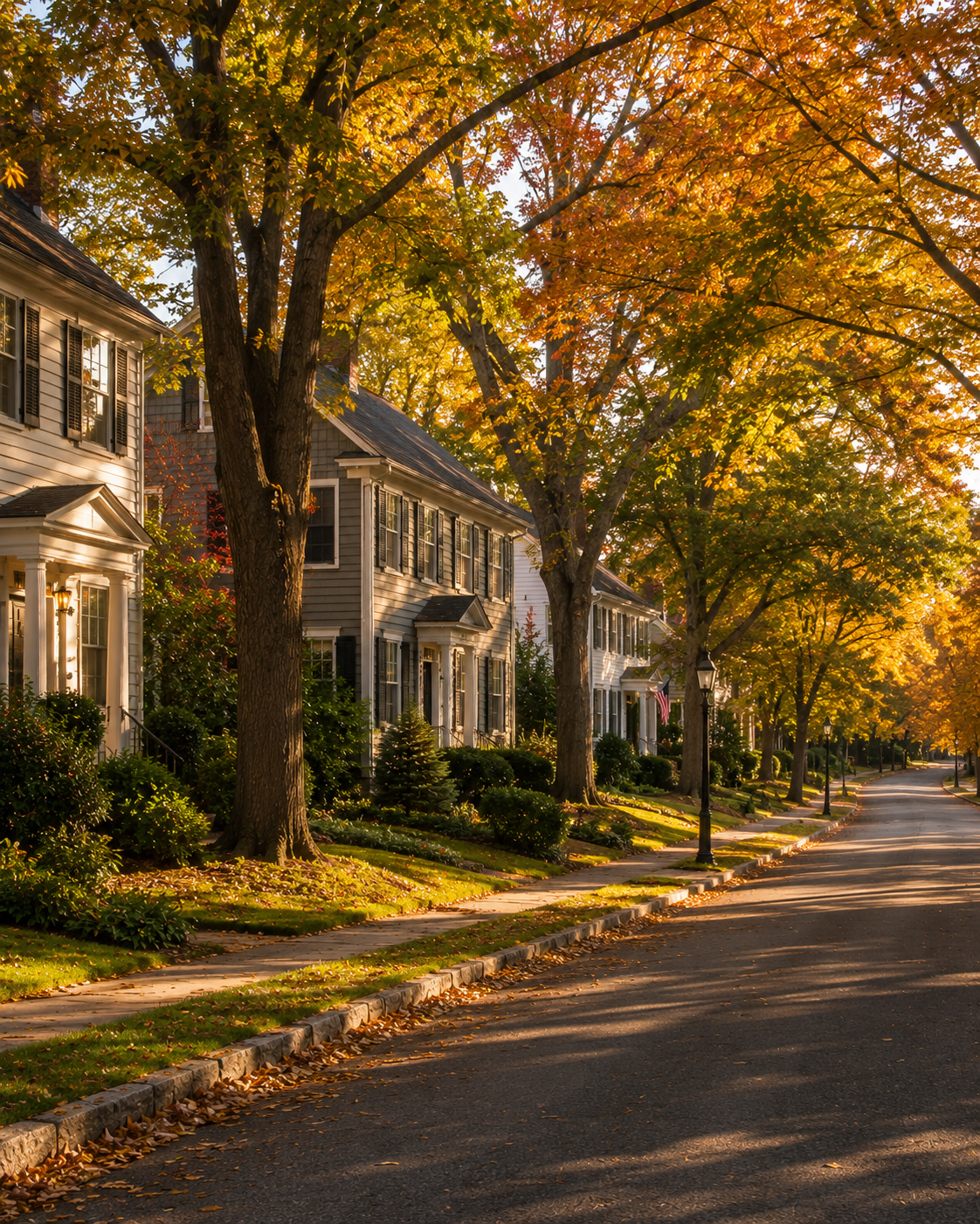 A New Jersey center-hall colonial with mature trees in warm natural light