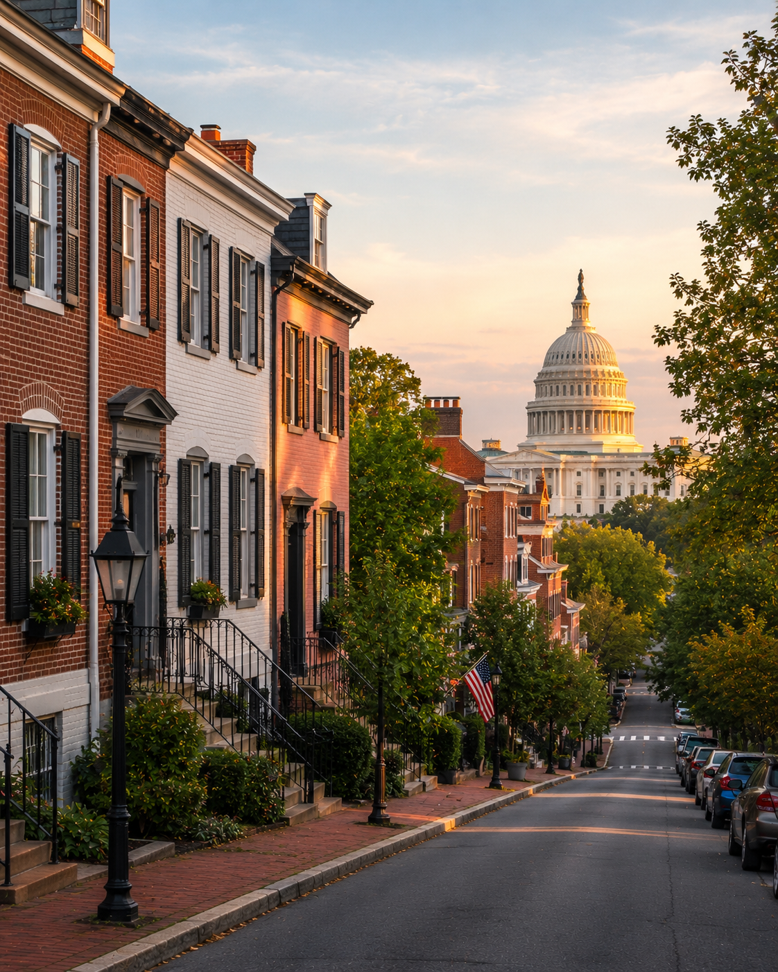 A Federal-style brick rowhouse in Baltimore in soft morning light