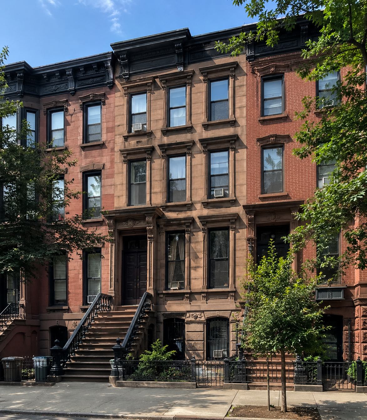 A late-1800s Brooklyn Victorian rowhouse with brick facade, tall windows, and a classic stoop