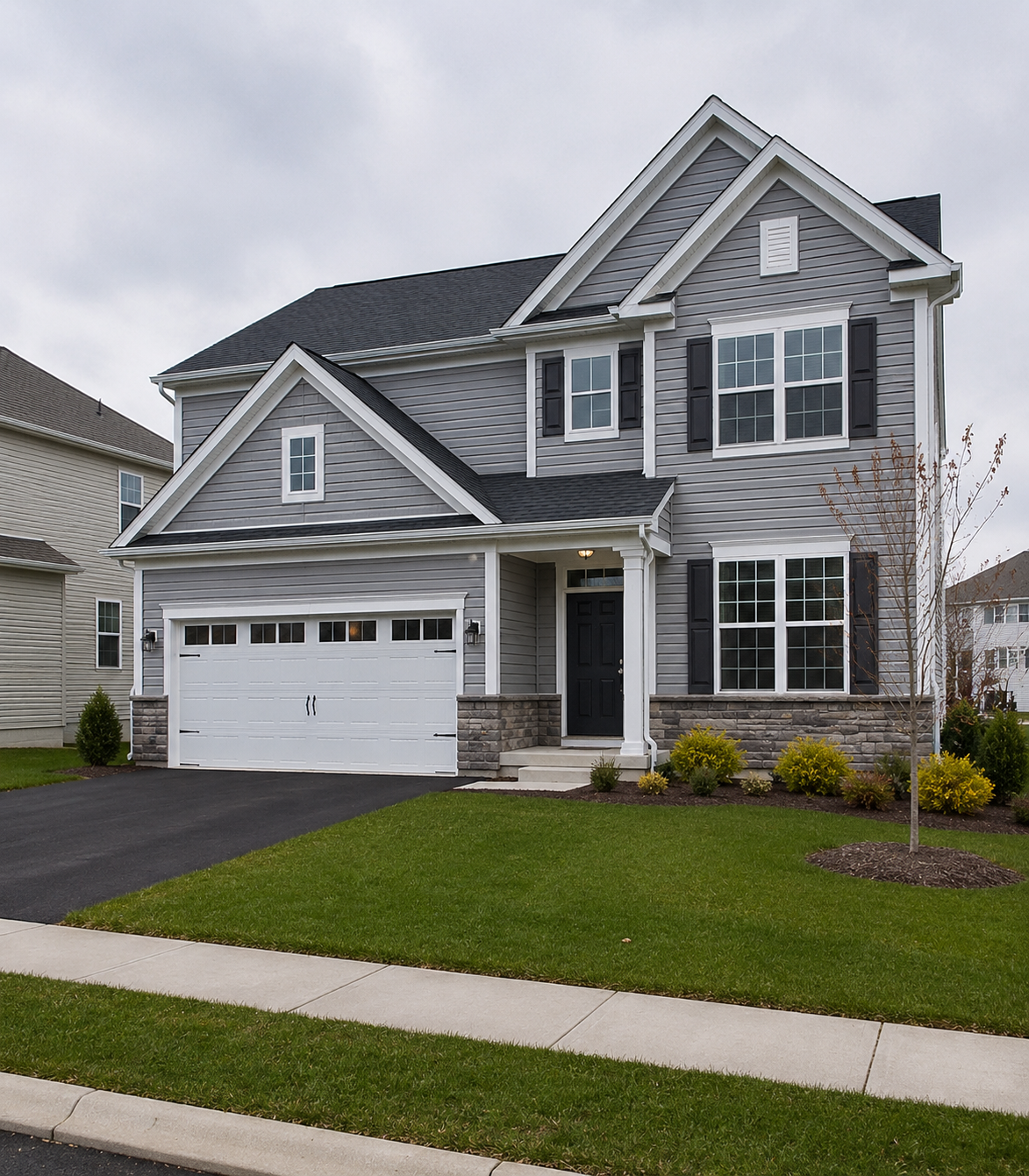 A modern 2015-vintage suburban two-story home with fiber-cement siding, double-pane windows, and an attached garage in a New Jersey suburb