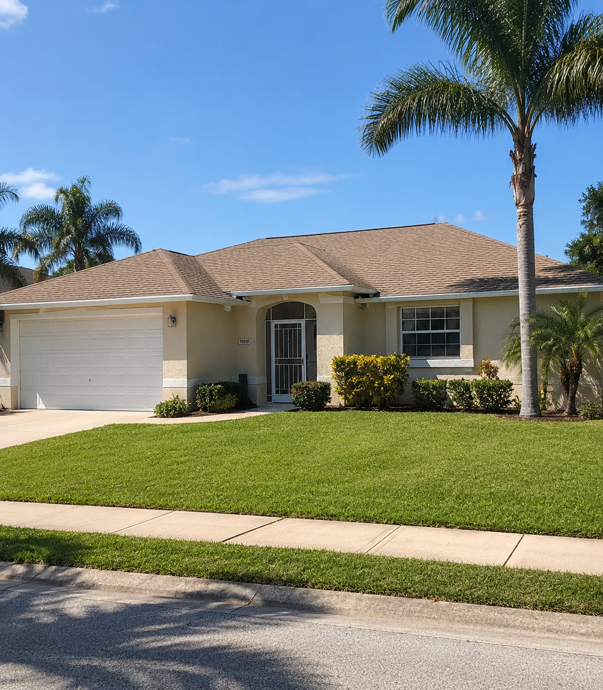 A single-story 1990s Florida ranch home with stucco exterior and palm trees, bright Tampa-area daylight