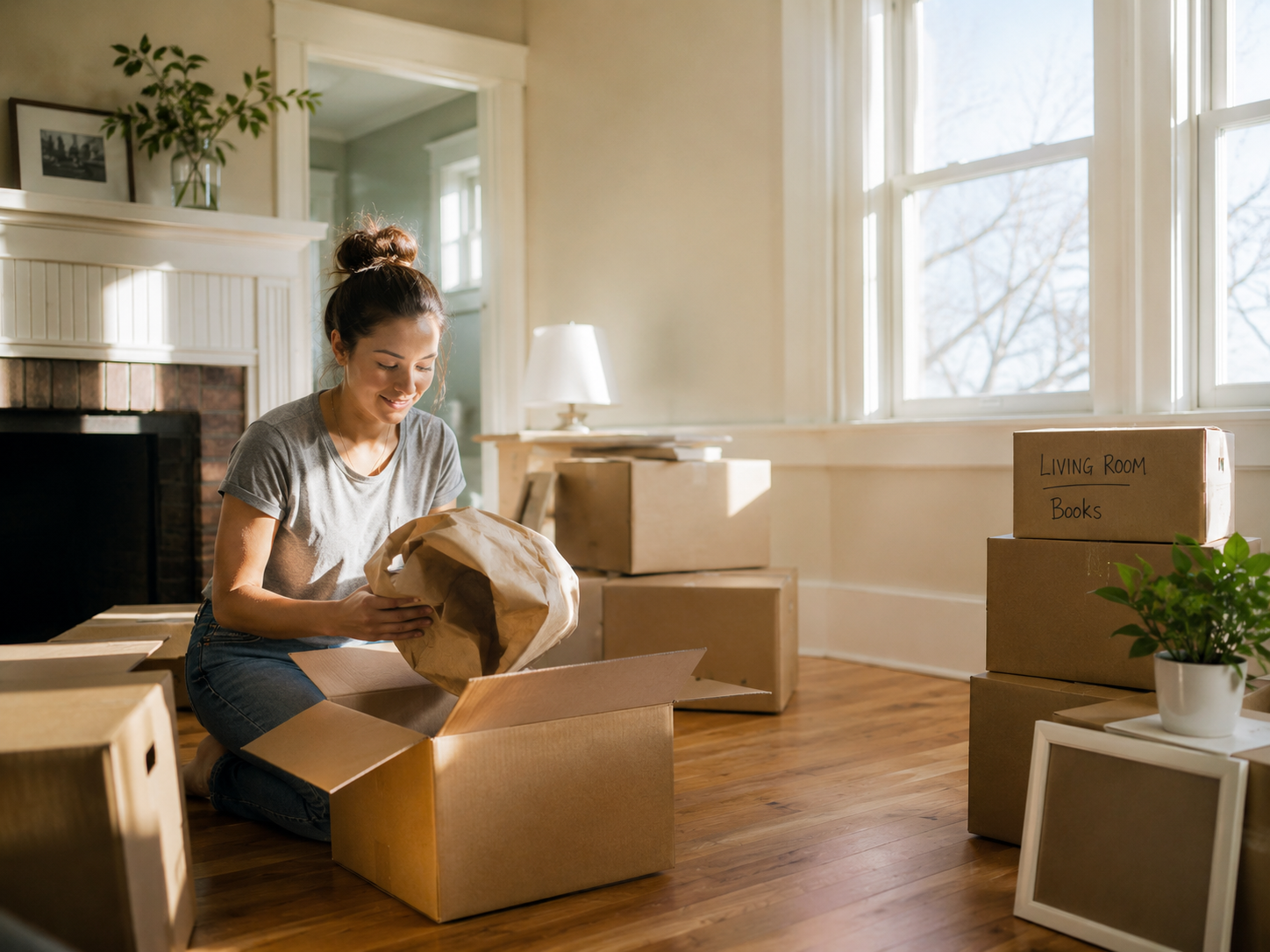 A homeowner unpacking moving boxes in a new house, sunlight through bare windows