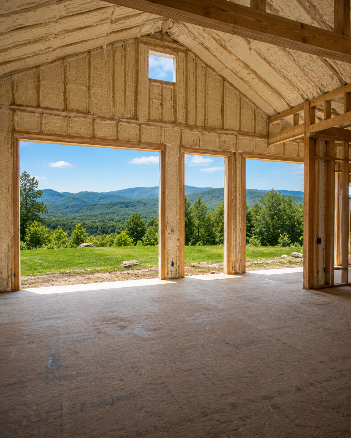Efficiency Vermont weatherization in progress, an installer adding insulation in a Vermont home