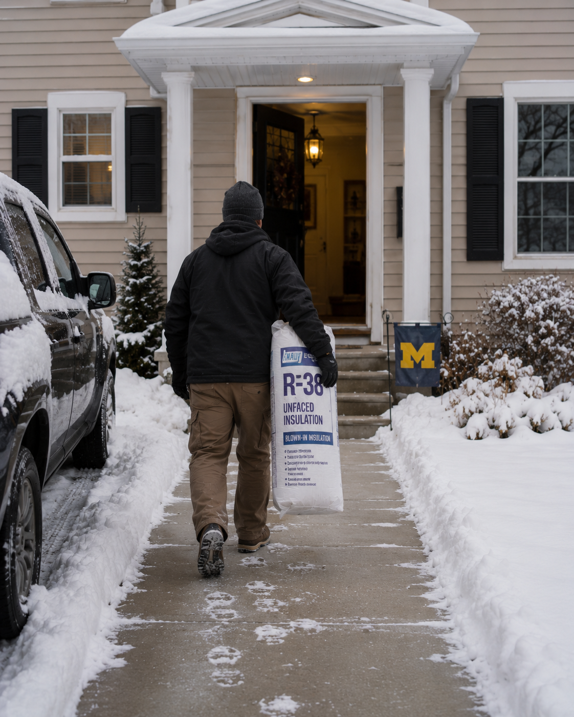 A Michigan home weatherization project, an installer adding insulation in a Midwestern home