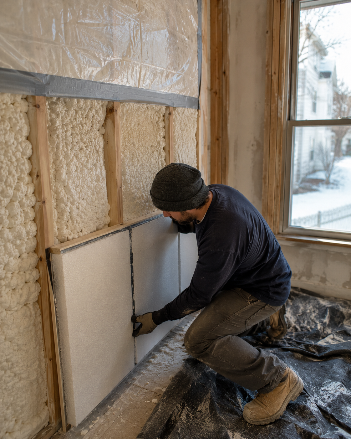 MassSave weatherization in progress, an installer adding insulation in a Massachusetts home