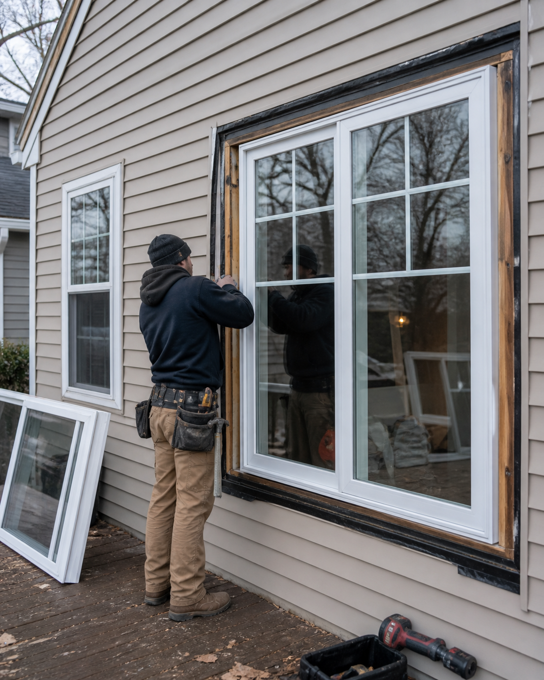 A Massachusetts home window upgrade in progress, ENERGY STAR Most Efficient triple-pane windows being set into the rough opening of a New England Colonial