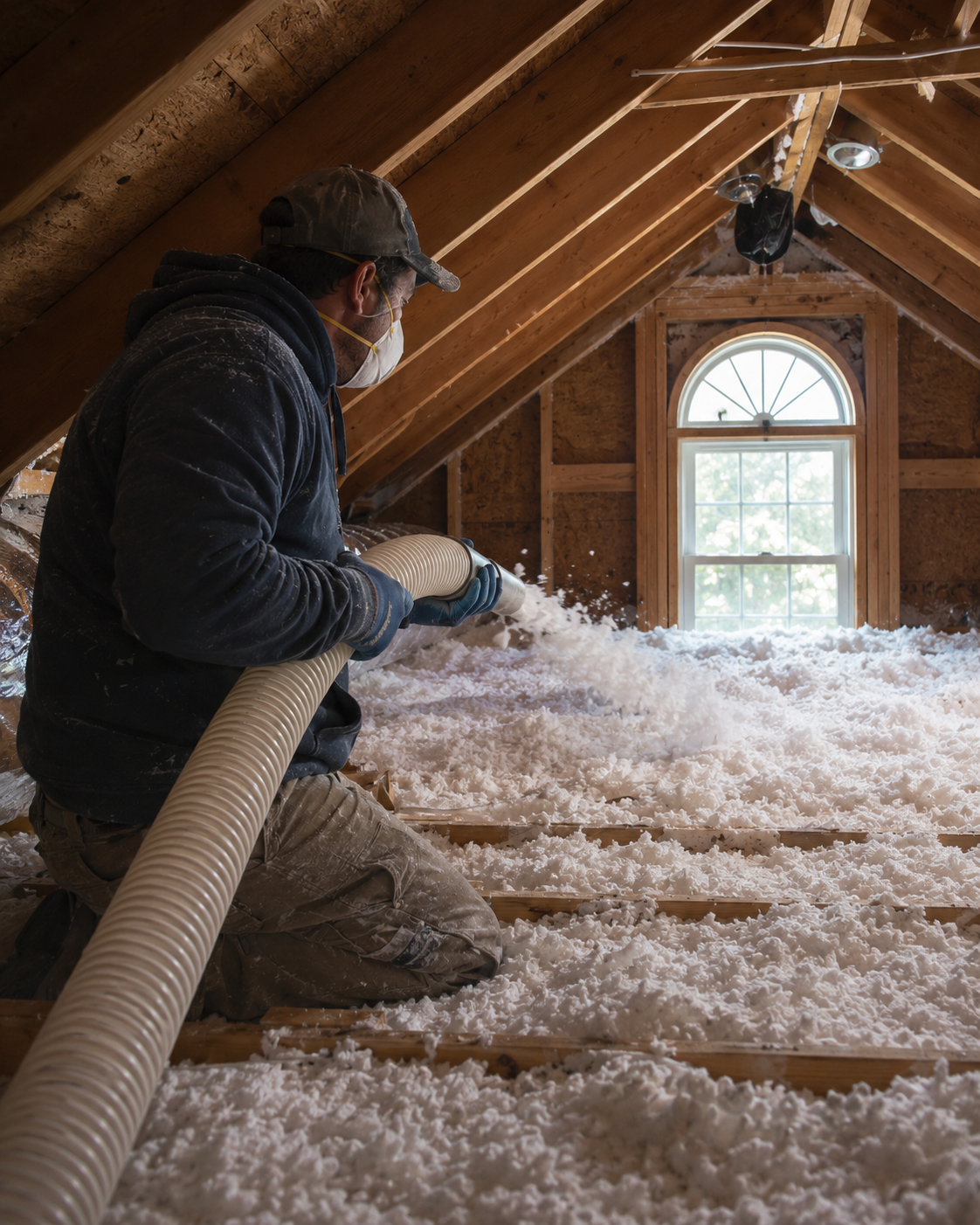 RI Energy weatherization in progress, an installer adding insulation in a Rhode Island home