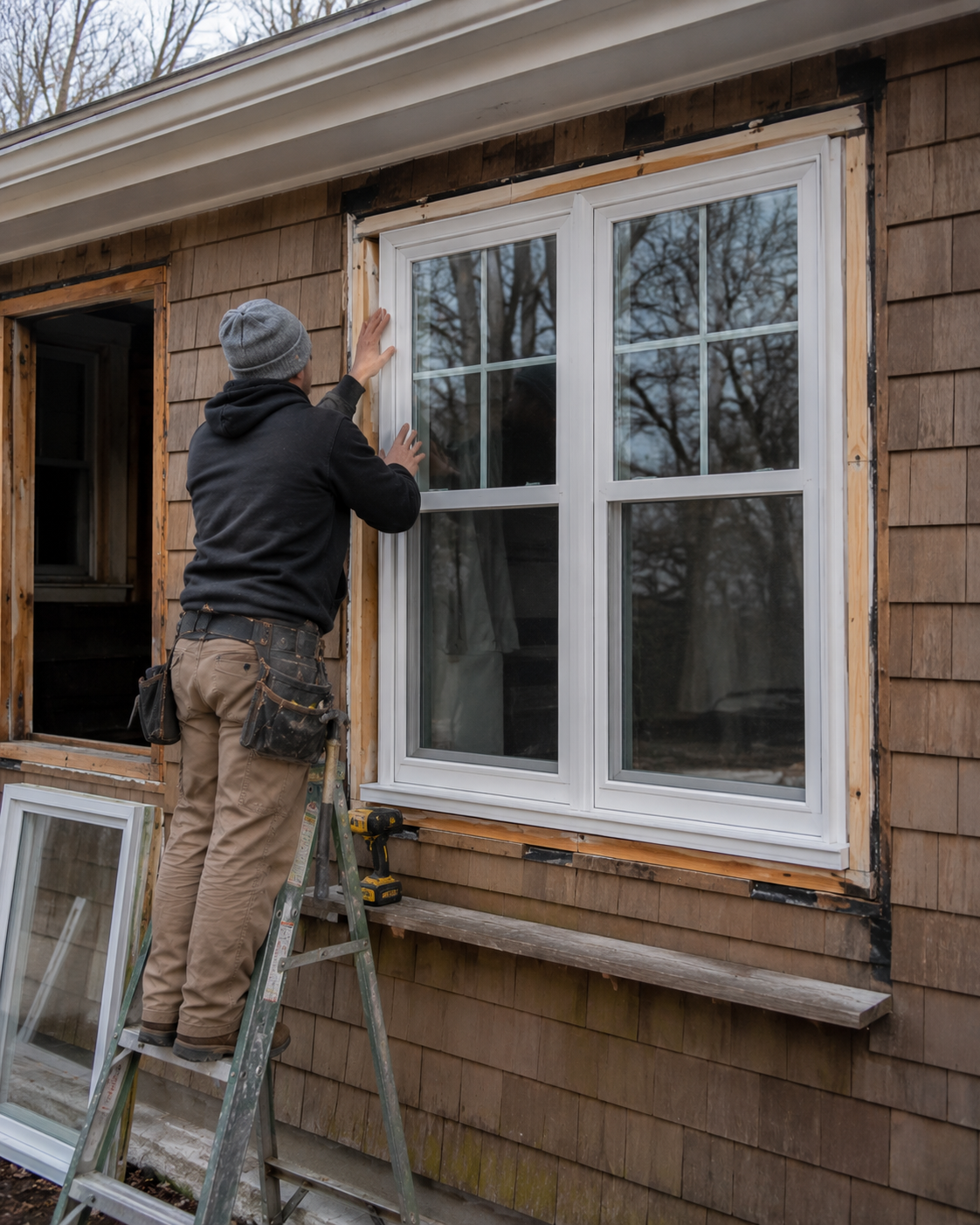 A Rhode Island home window upgrade in progress, ENERGY STAR Most Efficient triple-pane windows being set into the rough opening of a New England Colonial