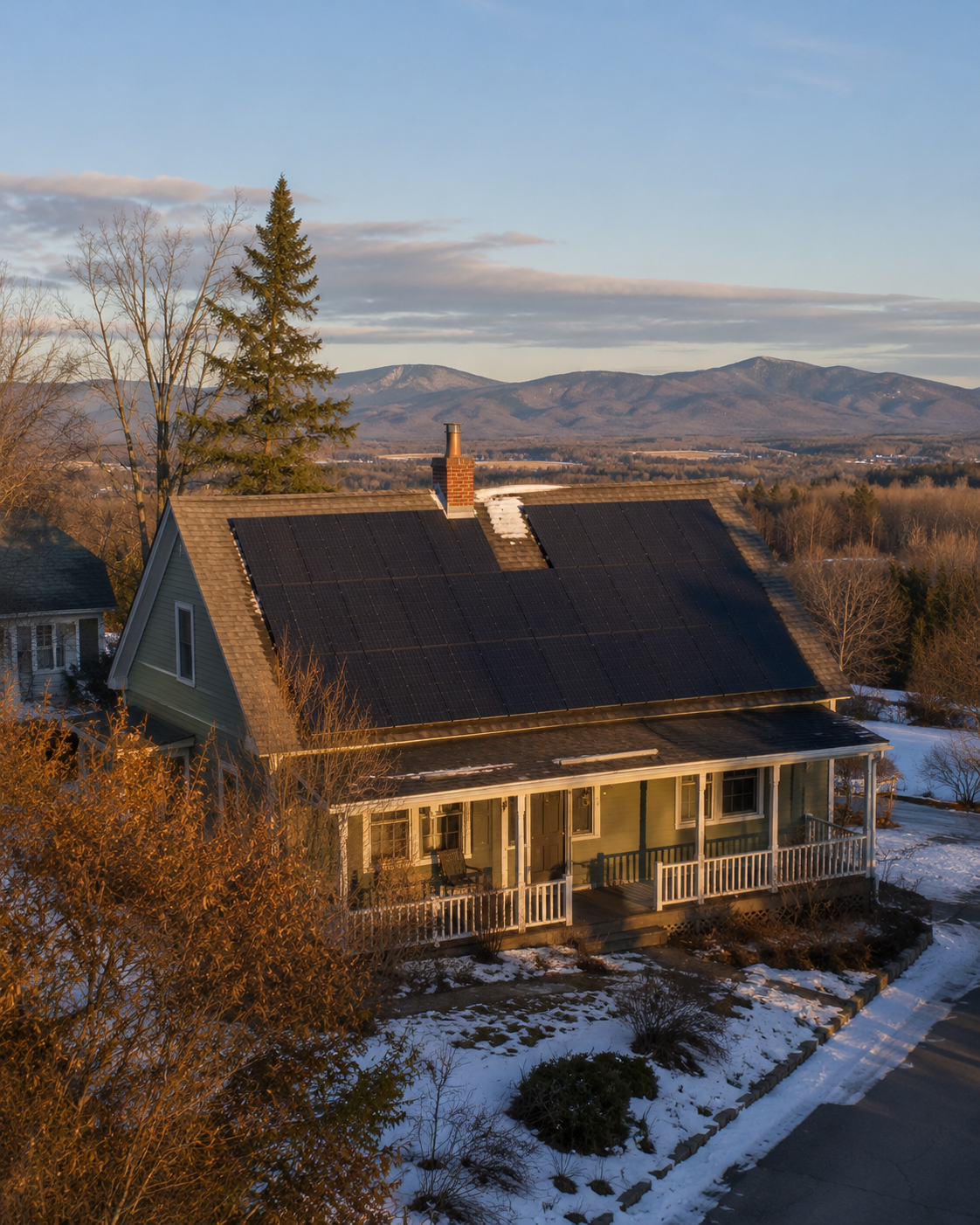 A pitched-roof Vermont home with solar panels in the Champlain Valley, late-afternoon light
