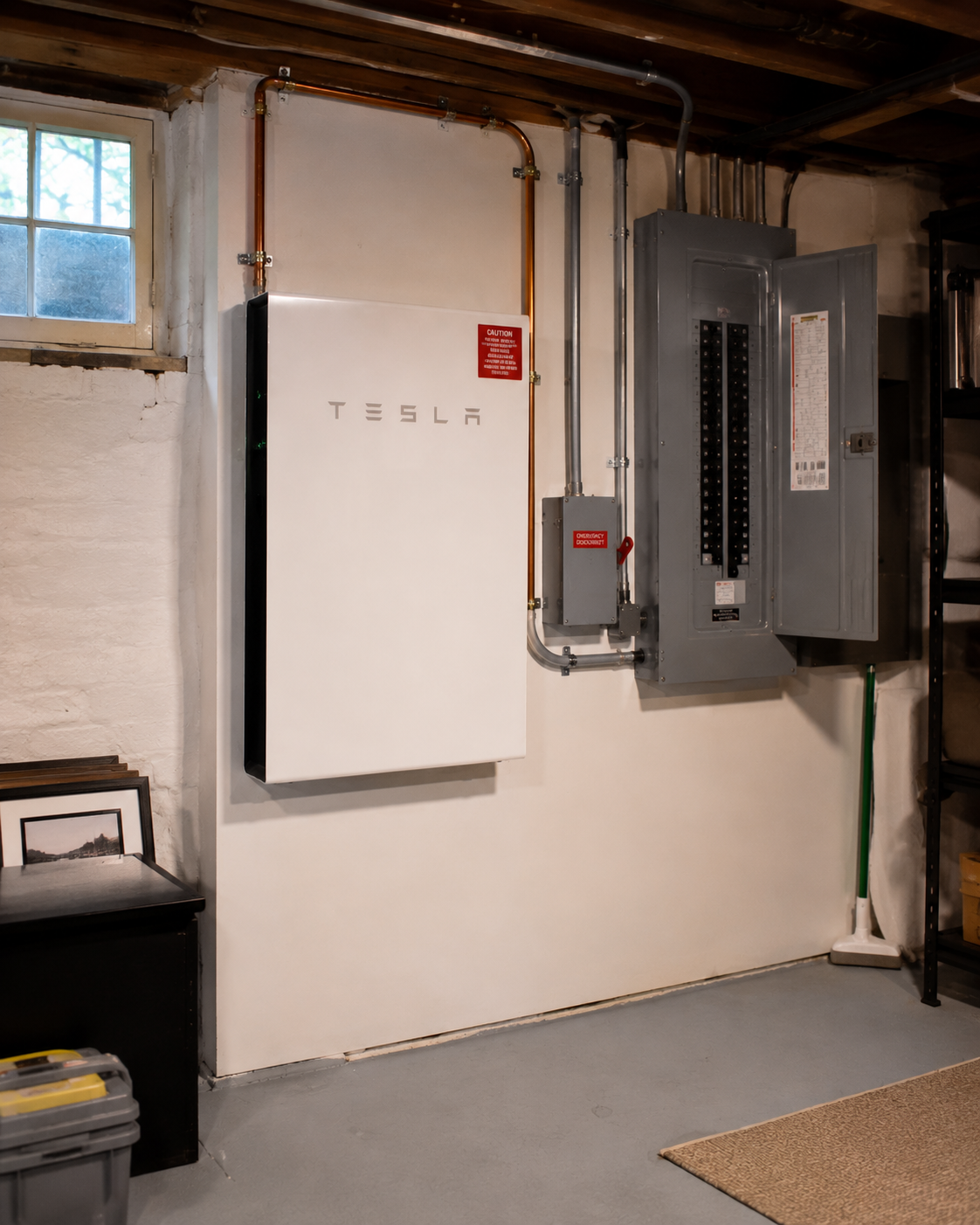 A wall-mounted residential battery storage system installed in a Connecticut home, clean utility install with conduit visible