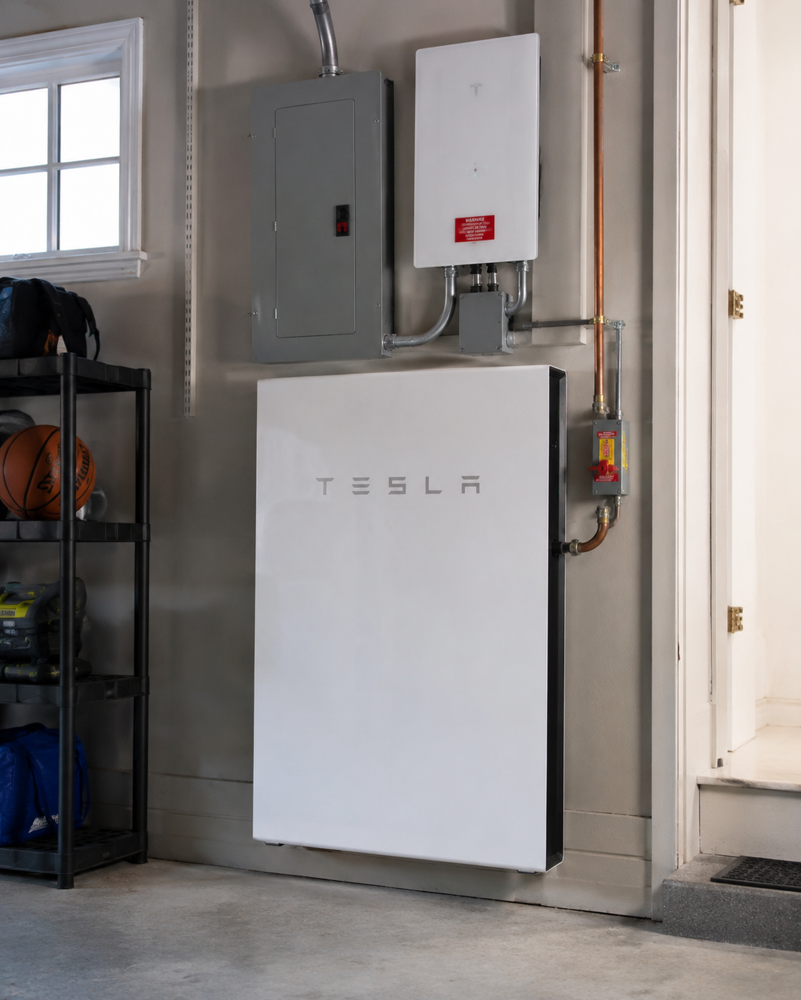 A wall-mounted residential battery storage system installed in a Massachusetts home, clean utility install with conduit visible