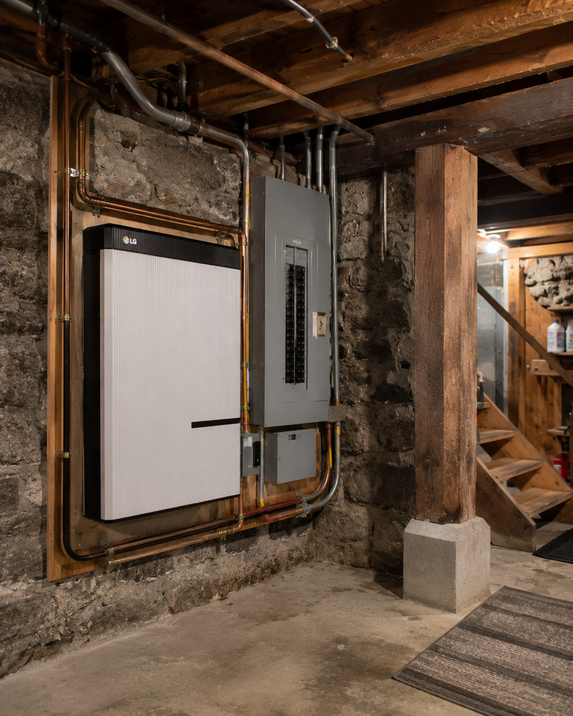 A wall-mounted residential battery storage system installed in a New Hampshire home, clean utility install with conduit visible