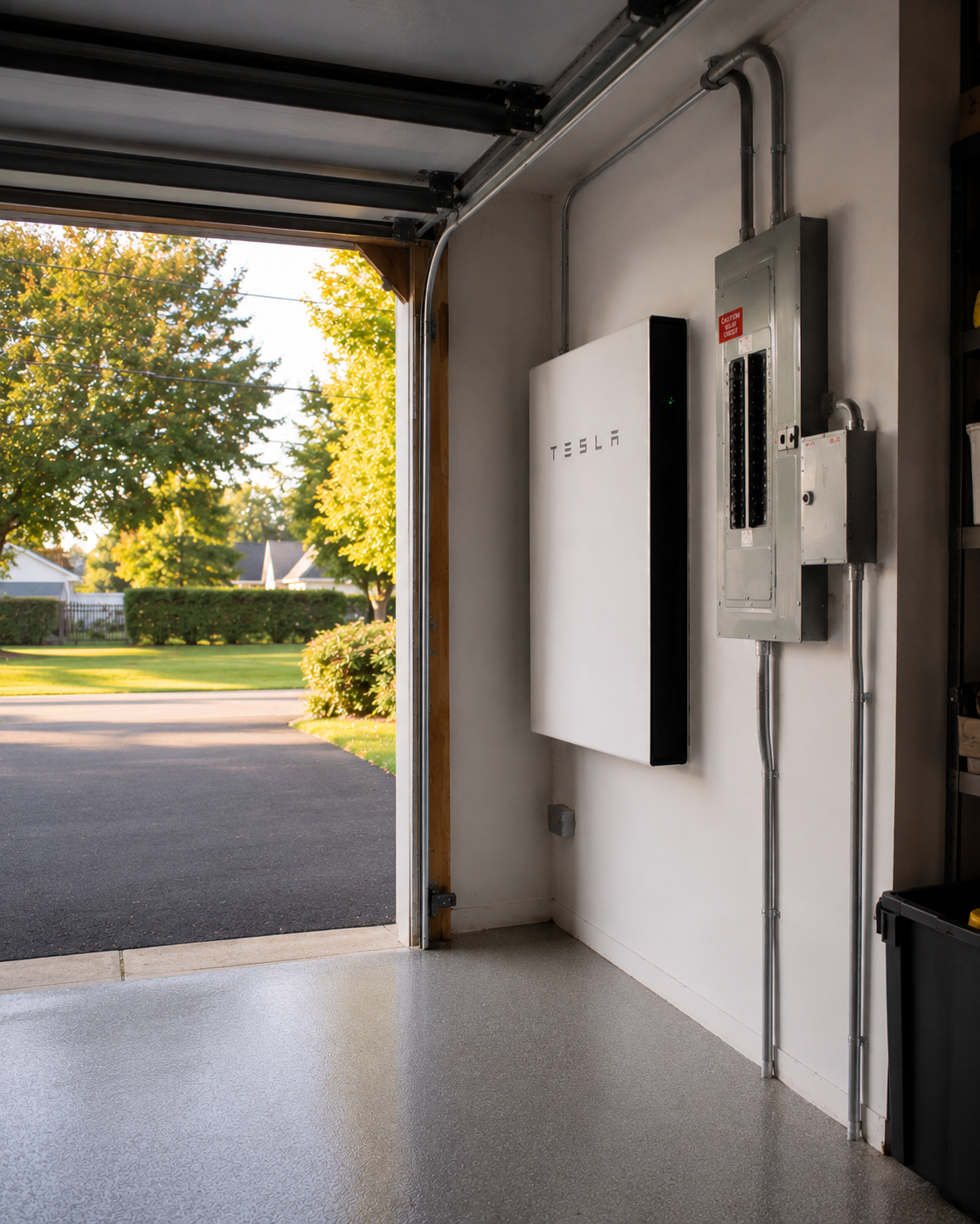 A wall-mounted residential battery storage system installed at a New York home, clean utility install with conduit visible
