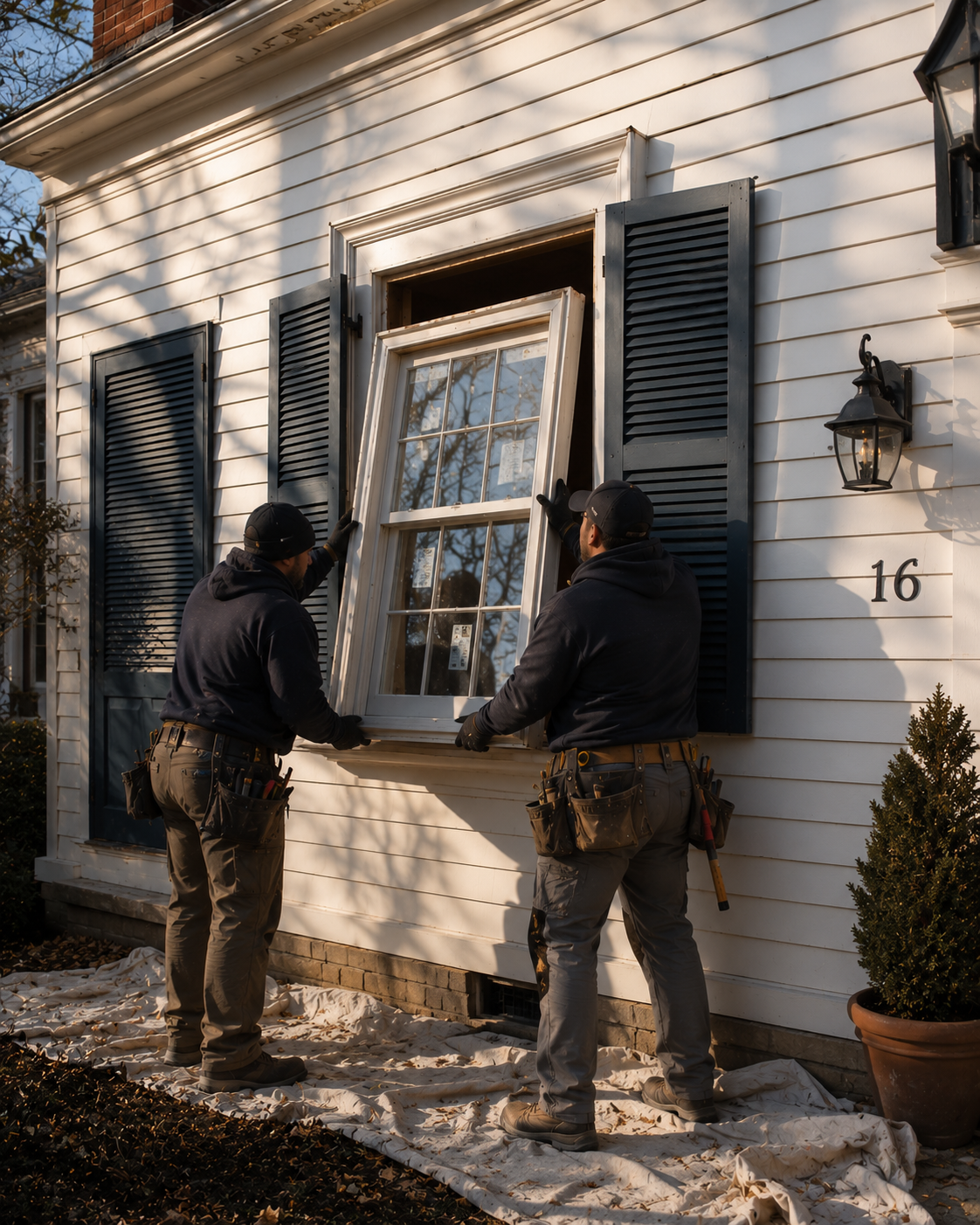 A Maryland home window upgrade in progress, ENERGY STAR windows being set into the rough opening of an Anne Arundel County colonial