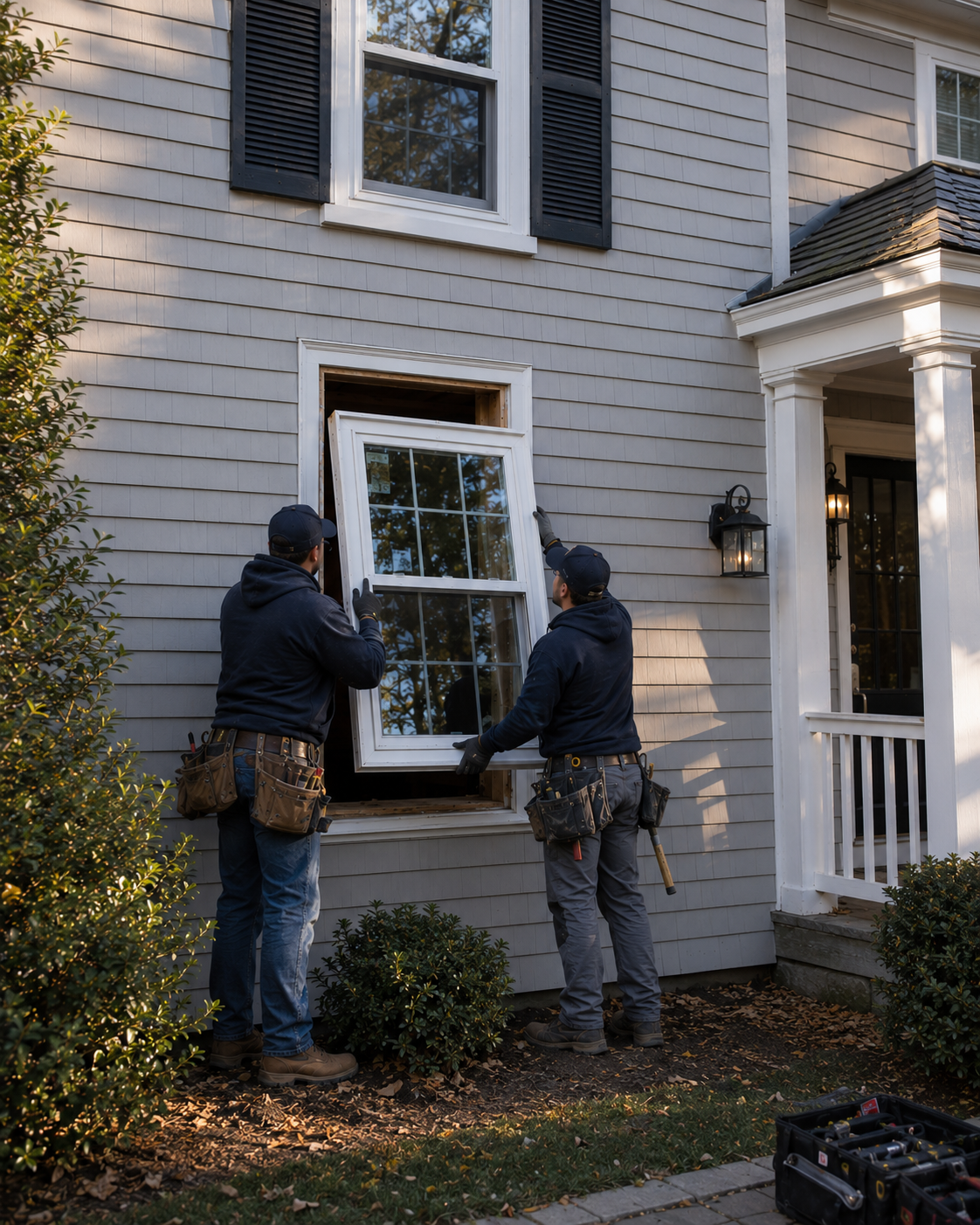 A New Jersey home window upgrade in progress, ENERGY STAR windows being set into a Middlesex County colonial