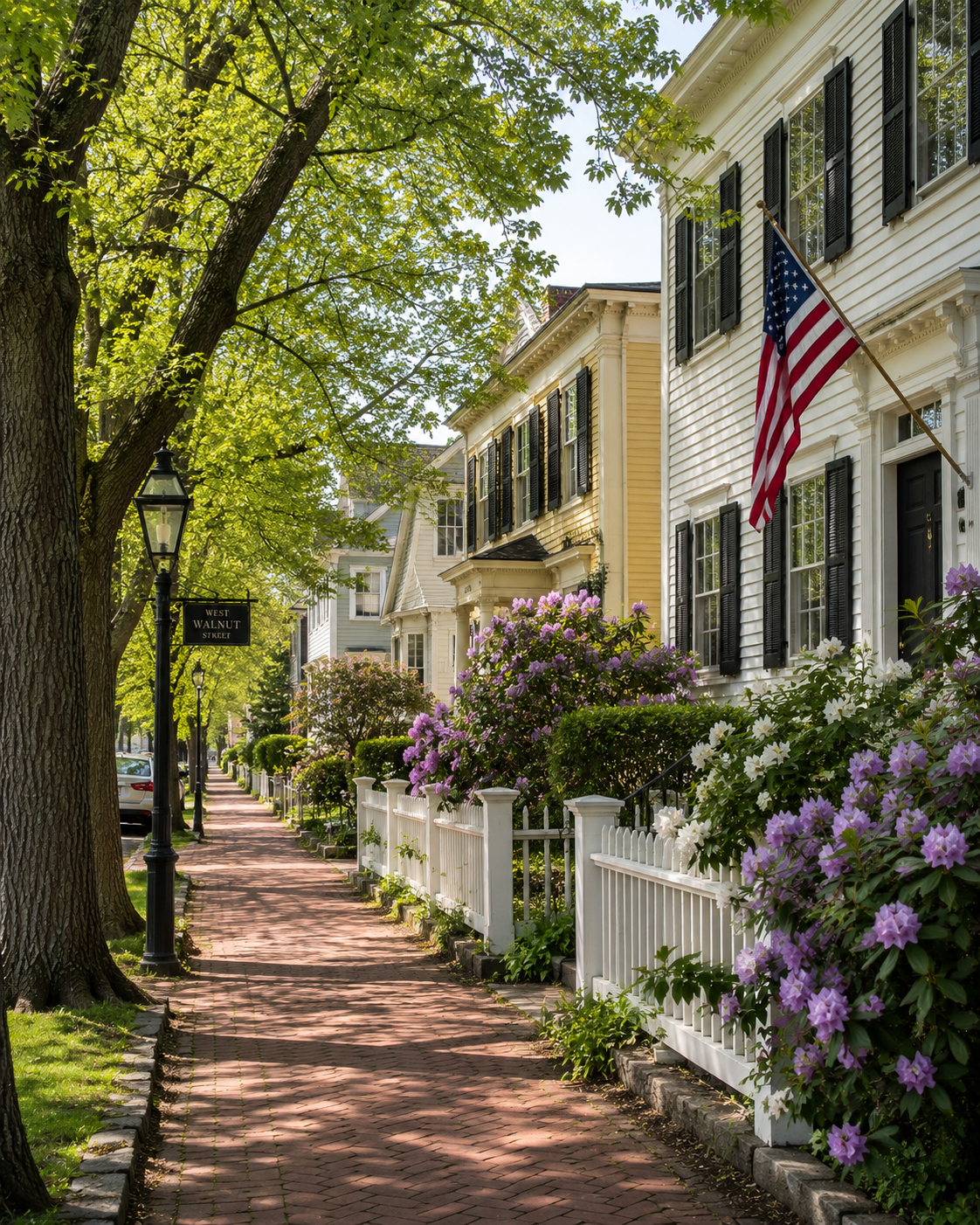 A historic Colonial-era home in a leafy Connecticut suburb, oak trees and manicured lawn