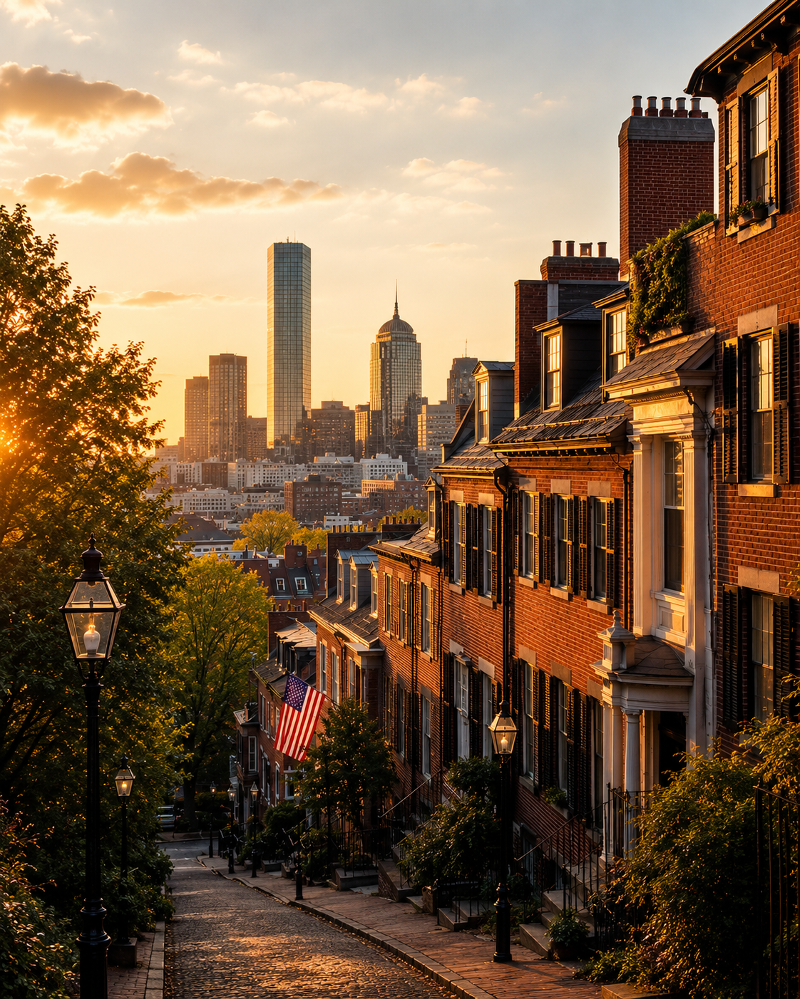 A warm-lit Massachusetts neighborhood, colonial homes in the early evening