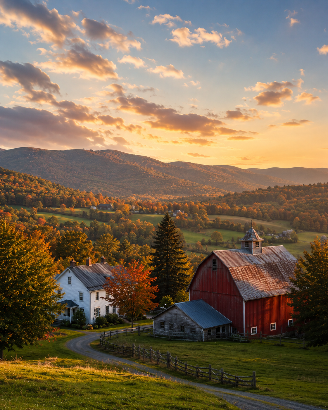A red barn and white farmhouse with solar panels in the Green Mountains at golden hour