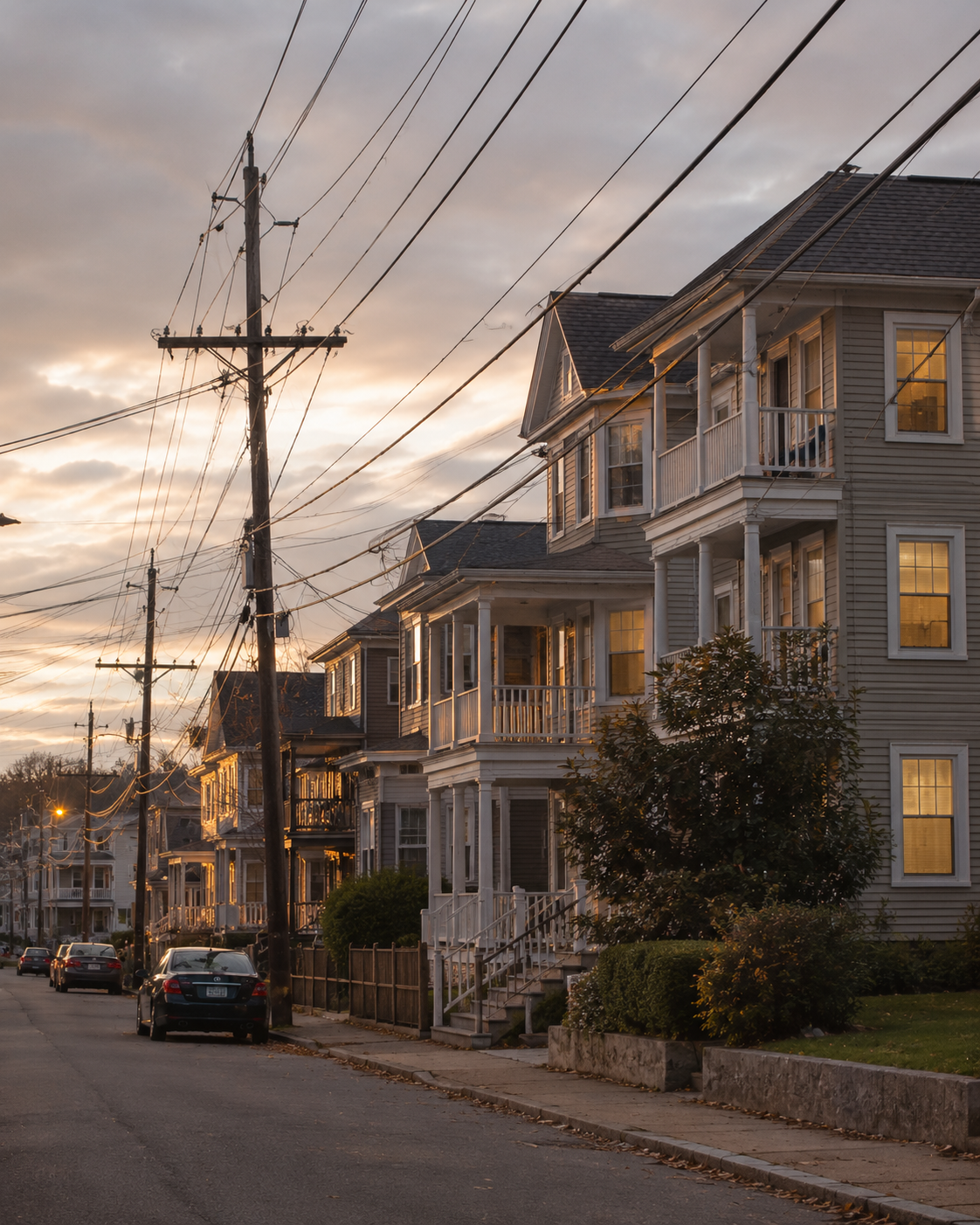 A late-day Massachusetts neighborhood with utility lines visible against the sky: colonial or triple-decker homes in soft amber light, transmission and distribution wires running between poles