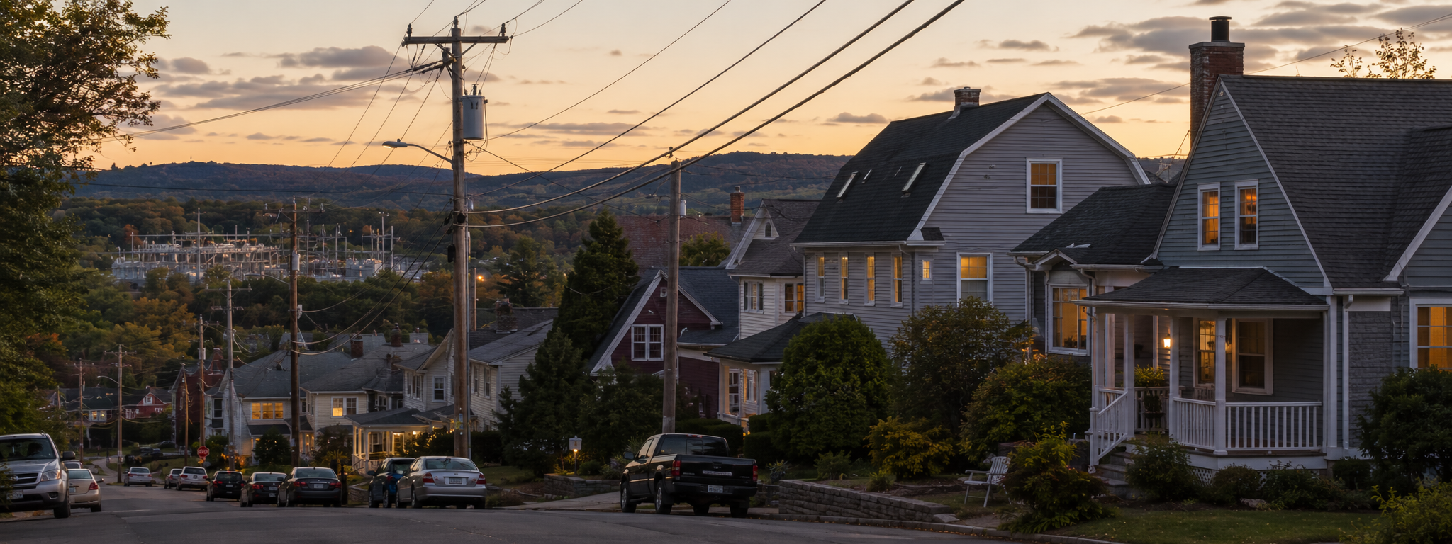 A wide horizontal shot of a Massachusetts neighborhood at the time of day when utility load peaks: late afternoon to early evening, lights just coming on inside houses, multiple homes visible with subtle utility infrastructure