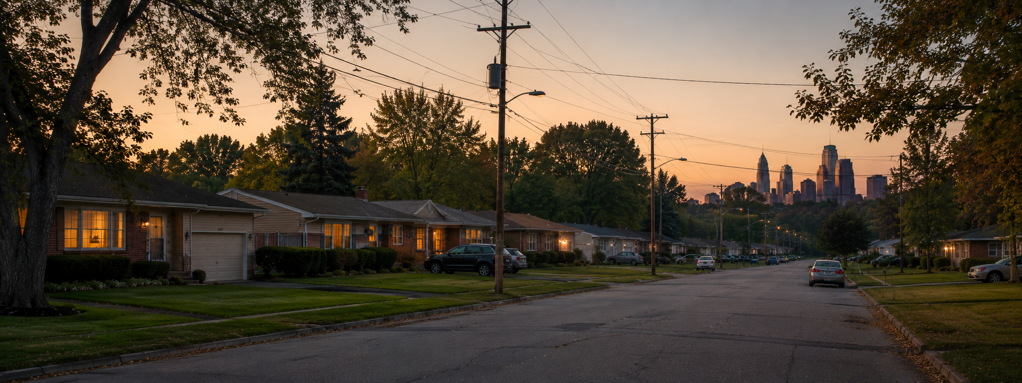 A wide horizontal Michigan residential scene at peak utility load: ranch and mid-century homes lining a side street, lights coming on inside, distribution lines and a transformer on a roadside pole, settled Midwestern mood
