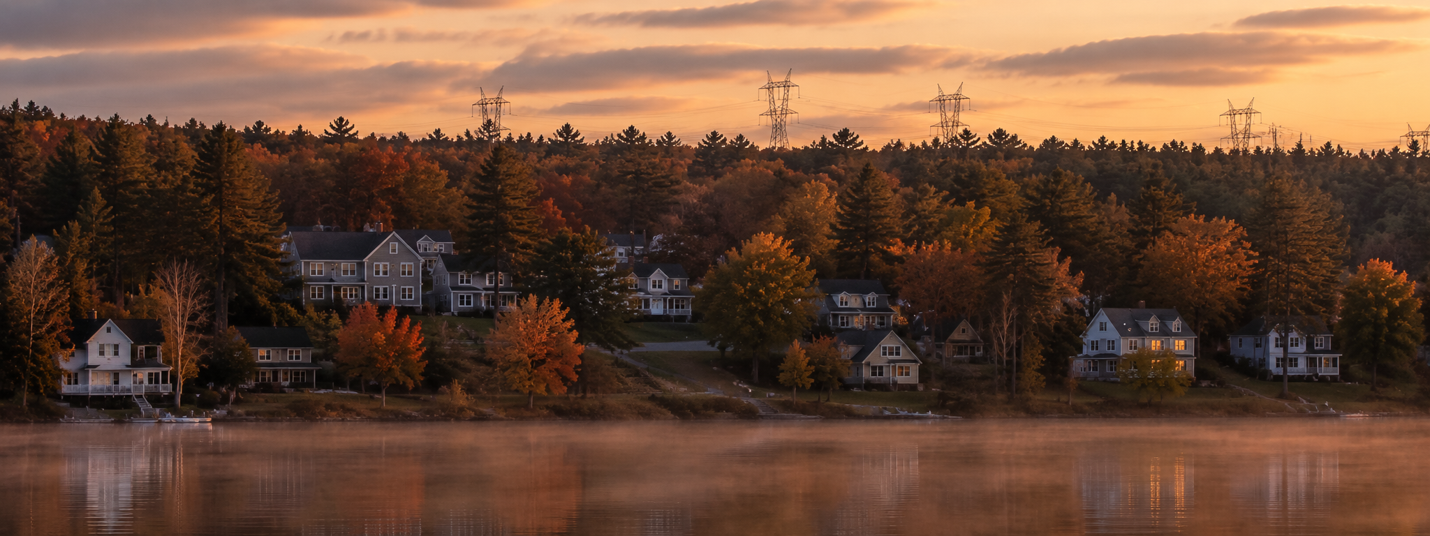 Wide horizontal NH lake-country shot: a cluster of cape and saltbox homes staggered along a low ridge, transmission line silhouette running just above the tree line in the distance