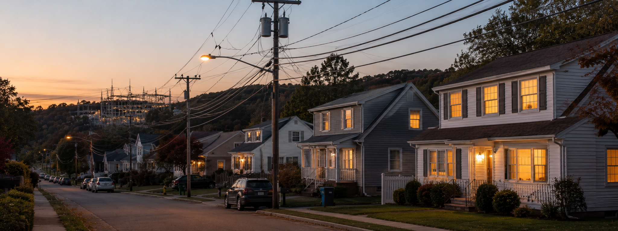 A wide horizontal shot of a New York neighborhood at peak utility load hour: late afternoon to early evening, lights coming on inside houses, subtle utility infrastructure in frame, settled lived-in mood